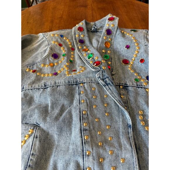 Vintage Acid Wash Denim Jean Stud Embellish Bejewel Rocker Duster 80s Jacket Art - Picture 14 of 14